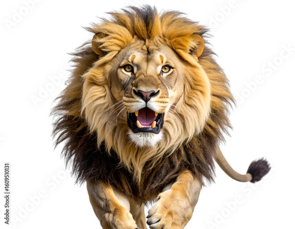 Fototapeta Lion Charging Head-On with Open Mouth and Focused Eyes, Ground-Level View, Isolated