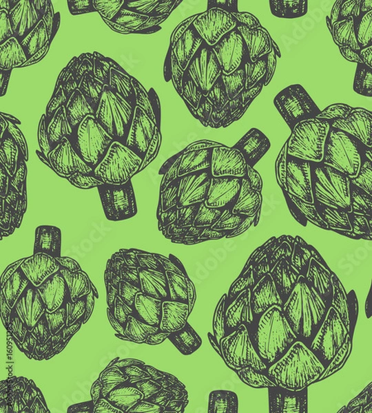 Fototapeta Hand drawn vector illustration of artichoke sketch style appetizing colors. Seamless pattern with vegetables.