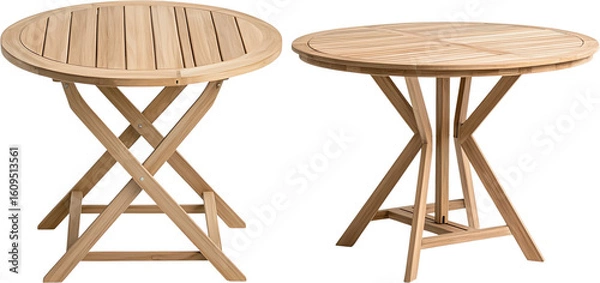 Fototapeta wooden table product, with close-up view and detailed texture, teak wood outdoor tables isolated on transparent background, , and a small round side table. Perfect for garden, patio or terrace. 	
