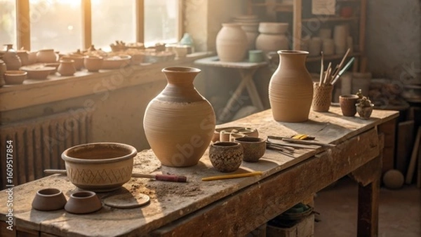 Obraz Ceramic pottery workshop with unglazed vessels and tools on rustic table, artisan craft concept