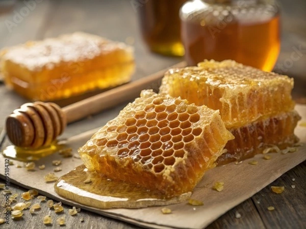 Obraz Raw natural honeycomb slices with honey dipper and jars on rustic wood, healthy food concept