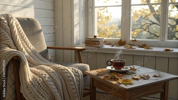 Obraz Cozy autumn morning by window with armchair, warm beverage, and fall leaves, hygge lifestyle