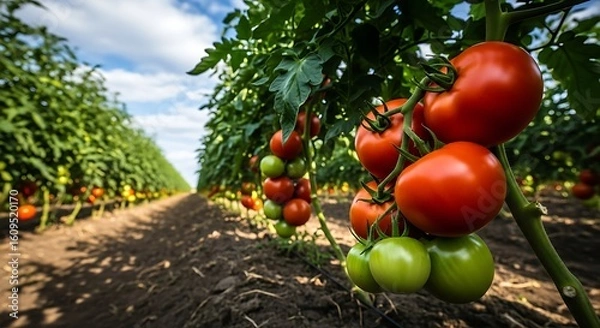 Fototapeta Ripe red and green tomatoes growing on vines in a field image