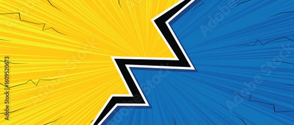 Obraz versus comic background with two colors blue and yellow separated with lightning