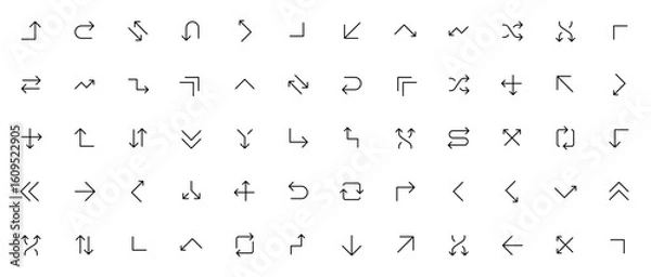 Obraz Line arrows and directions icon set. Minimal vector chevrons pack. Includes turn up, U-turn, swap, bounce, trend, shuffle, zigzag, merge, split, loop and more. Editable stroke.