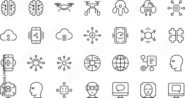Fototapeta Technology icons brain drone cloud network connection globe