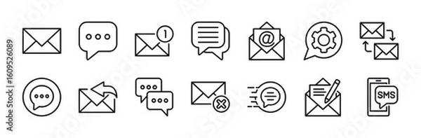 Obraz Chat message icon set. Contains speech bubble, conversation, dialogue text, email contact, reply, read, setting, delete, sent, write, sms button. Vector illustration
