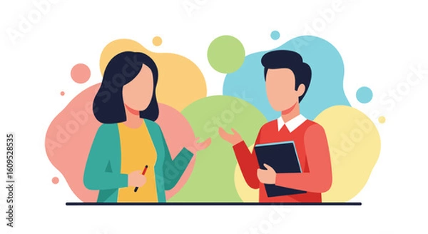 Fototapeta Two colleagues having a discussion, perfect for illustrating teamwork and collaboration on websites or presentations.