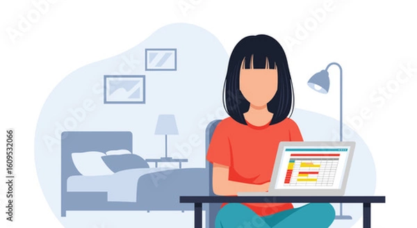 Fototapeta Woman working from home on laptop, spreadsheet on screen. Perfect for remote work, freelance, or productivity articles.