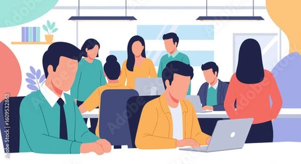 Fototapeta Diverse team collaborating in a modern office, perfect for website banners or business presentations.