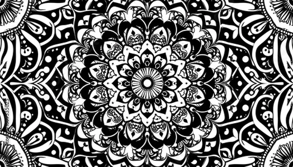 Fototapeta Intricate black and white mandala pattern.  Complex, symmetrical design featuring repeating floral motifs and swirling lines, creating a visually rich and detailed backdrop