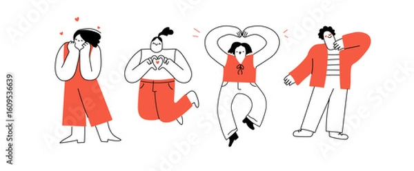 Fototapeta Quirky abstract people in hand drawn line art style. Set of modern man, woman expressing positive emotions, happiness. Cute vector illustration