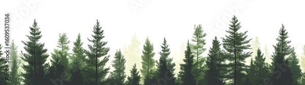 Fototapeta The scene depicts a set of pine, spruce, and Christmas trees set against a white background with a silhouette forest background
