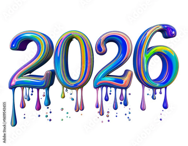 Fototapeta Dripping colorful numbers twenty six isolated on a transparent background 2026 year