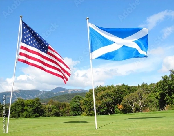 Fototapeta USA and Scotland Flags Flying on Golf Course Under Clear Sky