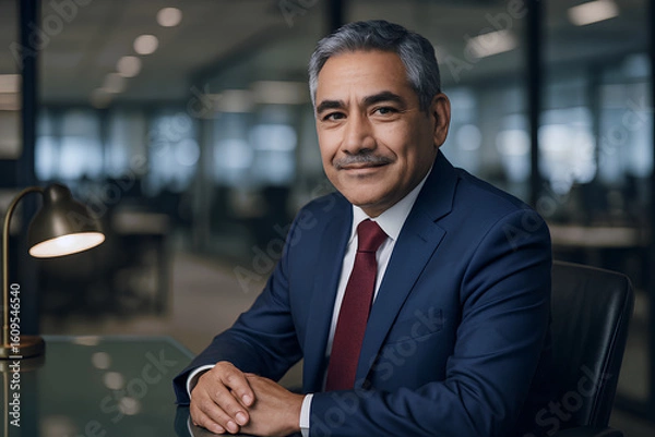 Fototapeta Confident businessman in suit with tie sits at desk in modern office