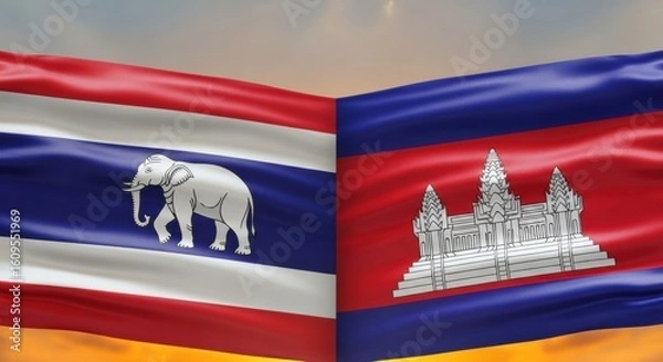 Obraz Depiction of flags representing Thailand and Cambodia symbolizing international relations between