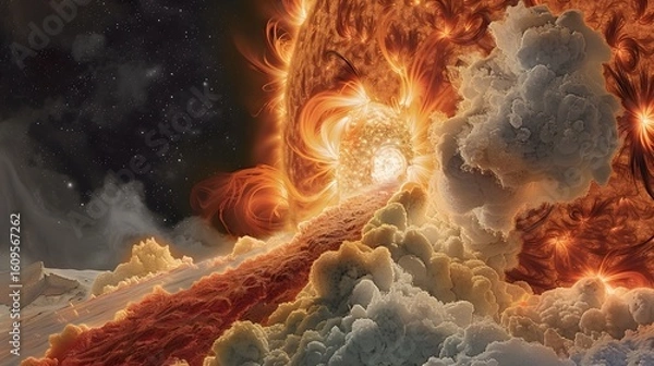 Obraz A dramatic and abstract cosmic landscape depicting a fiery, glowing celestial body emitting intense light and orange plasma, surrounded by turbulent white and grey clouds, with a dark, starry sky.