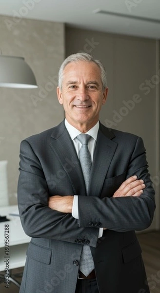 Fototapeta Smiling Senior Executive Man With Arms Folded Looking Confidently At Camera