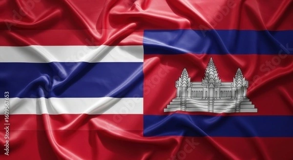 Fototapeta Satin flags of Thailand and Cambodia merging into a harmonious blend representing diplomatic