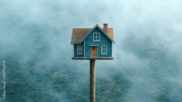 Obraz A whimsical image of a small blue house perfectly balanced atop a single, tall wooden pillar, set against a soft, misty or cloudy background.