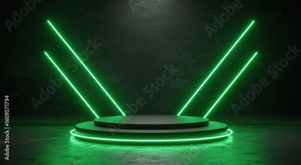 Fototapeta An Illuminated Green Podium for Product Presentation and Cyberpunk Vibes