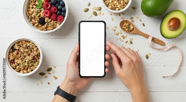 Fototapeta Person Checking Phone With Food And Health Related Items Nearby