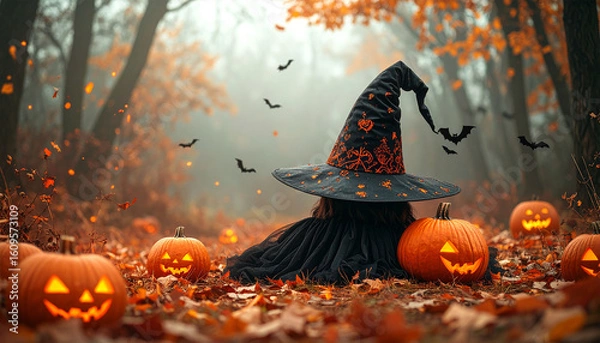 Obraz halloween pumpkin, bat and witch in the forest