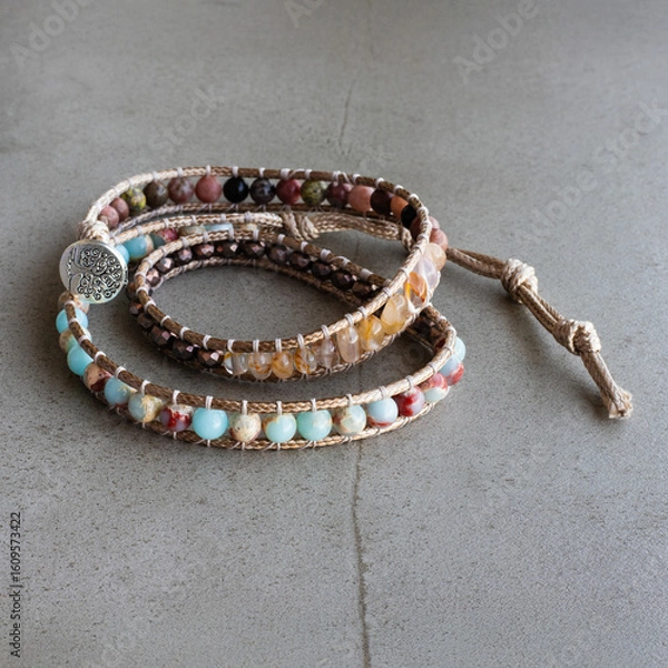 Fototapeta Boho bracelet with jasper, rhodonite and citrine in handwoven cord. Artisan bracelet with natural stones and golden crystal details. Adjustable wrap bracelet with Tree of Life charm and warm tones