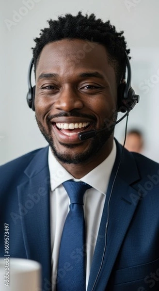 Fototapeta Smiling Customer Service Representative Wearing Headset Focused And Ready To Help Now