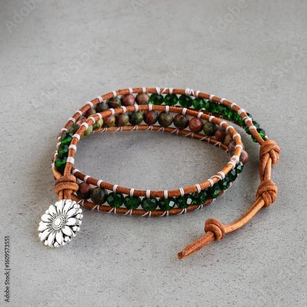 Obraz Bracelet with tiger's eye, onyx and olive green crystals. Two-wrap bracelet with earthy tones and dark shimmer. Handmade bracelet with brown leather and natural stones