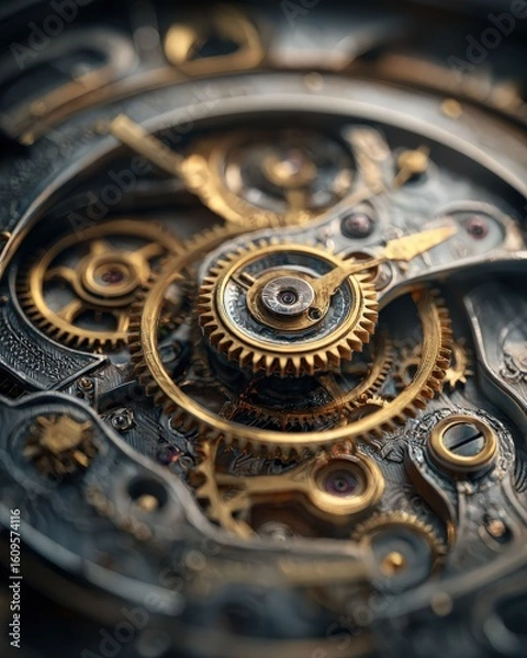 Fototapeta An eye-level macro shot showcasing the intricate internal workings of a mechanical watch, displaying gears and cogs.