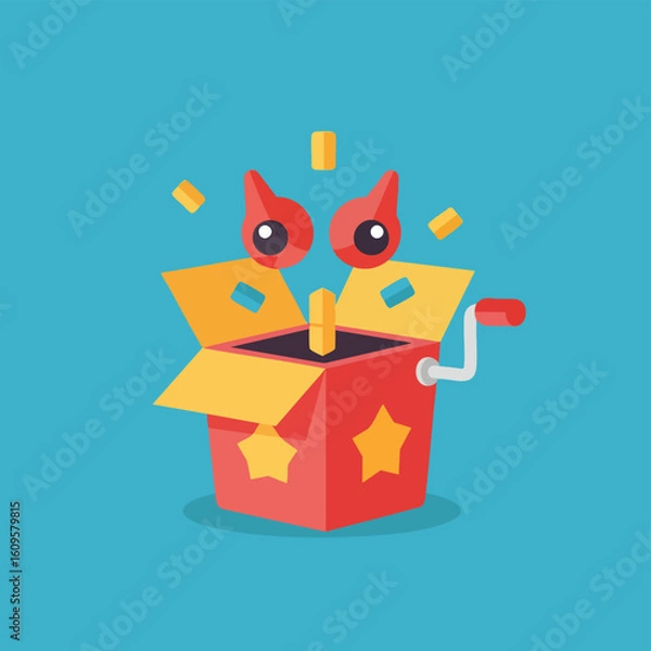 Fototapeta A vibrant red and yellow jack-in-the-box toy with a popping character and confetti.