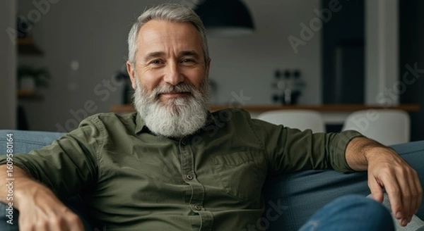 Fototapeta Happy Mature Man Relaxing at Home Smiling on the Couch