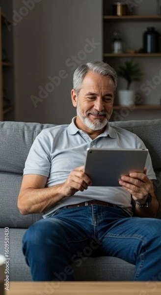 Fototapeta Mature Man Using Tablet Smiling While Relaxing On A Couch At Home