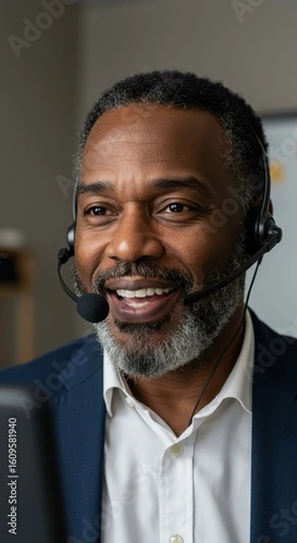 Fototapeta Smiling Man Using Headset At Work And Providing Customer Service