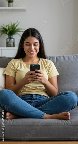 Fototapeta Beautiful Woman Smiling While Using Her Cell Phone Happily on Sofa