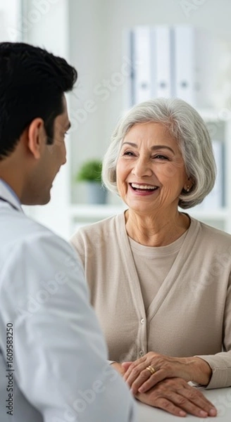 Fototapeta Friendly Doctor Talking With a Smiling Elderly Patient During Consultation Visit