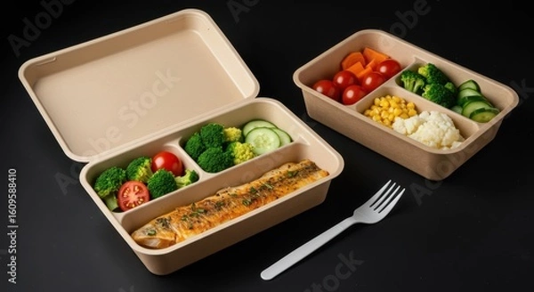Fototapeta Healthy Meal Prepped Lunch Boxes Displaying Fresh Vegetables and Fish