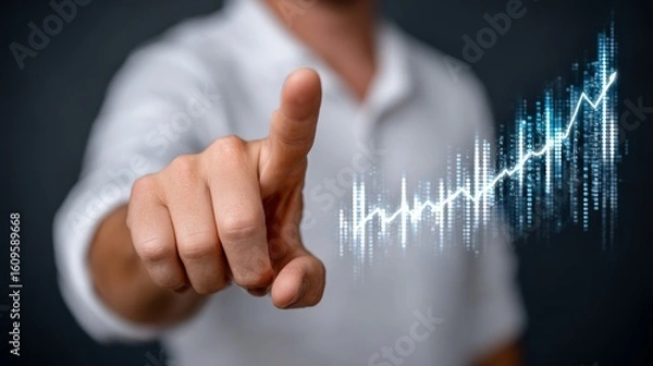 Obraz Man is pointing at a graph with a blue line. The graph shows a rising trend. The man is wearing a white shirt and is looking at the graph with interest