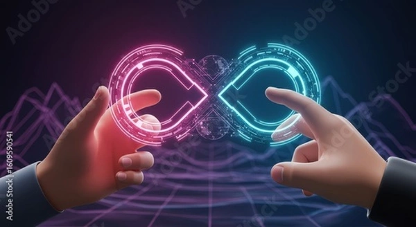 Fototapeta Two Hands Connecting With Infinity Symbol Representing Modern Technology