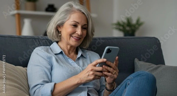 Fototapeta Smiling Senior Woman Using a Smartphone Indoors on Her Couch
