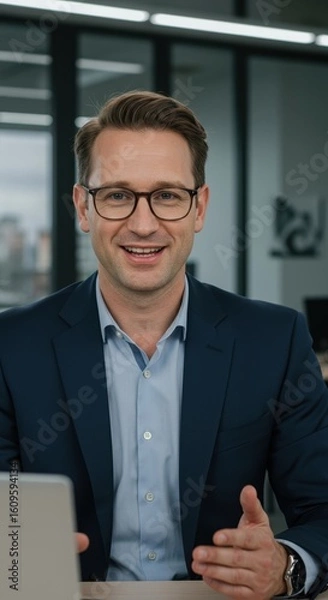 Fototapeta Confident Business Man In An Office Setting Looks Directly At Camera Screen