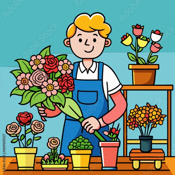 Fototapeta Young male florist arranging flowers in a shop. Friendly florist holding flowers and preparing bouquets on a shop counter. with various flower arrangements displayed around him.
