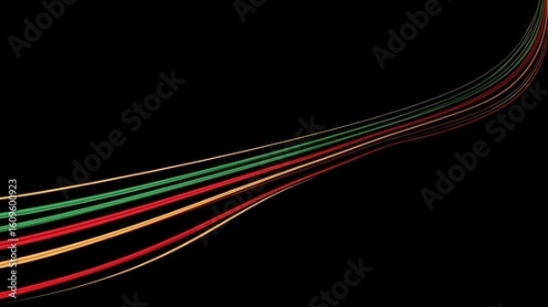 Obraz Abstract red green yellow curved lines on black background, minimalist geometric pattern for modern digital wallpaper and UI design.