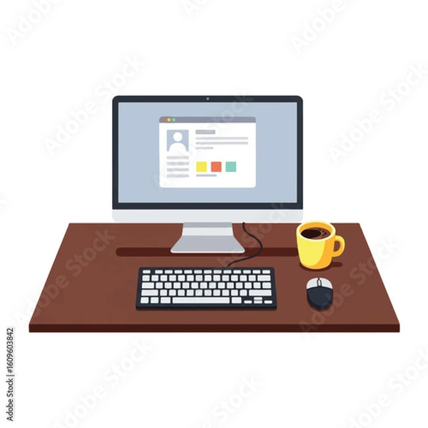 Obraz Computer workstation setup with a monitor displaying a profile page, keyboard, mouse, and a yellow mug of coffee on a brown desk.