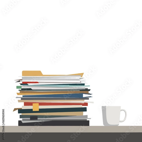 Obraz A high stack of papers and folders, with a cup of coffee, signifying a cluttered workspace.