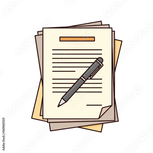 Obraz A stack of documents with a pen resting on top, suggesting writing, paperwork, or official records.