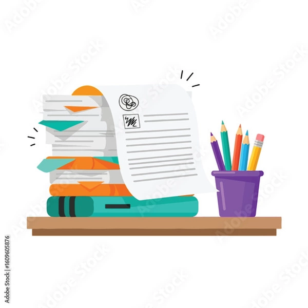 Obraz Illustration of a stack of papers with bookmarks on books, and a pencil holder with colored pencils on a shelf.