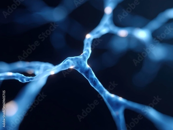 Obraz Abstract background: Glowing lines forming a complex neural network, symbolizing artificial intelligence research. Machine learning, deep learning. Blue, intricate.